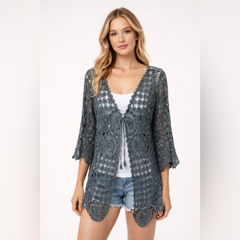 Ethyl‎ Blue Gray Crochet Open Cardigan XS/S Boho
